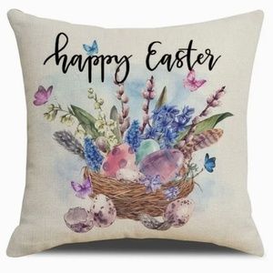NEW "HAPPY EASTER" BIRDS NEST DECORATIVE EGGS LINEN PILLOW COVER 17.7" X 17.7"